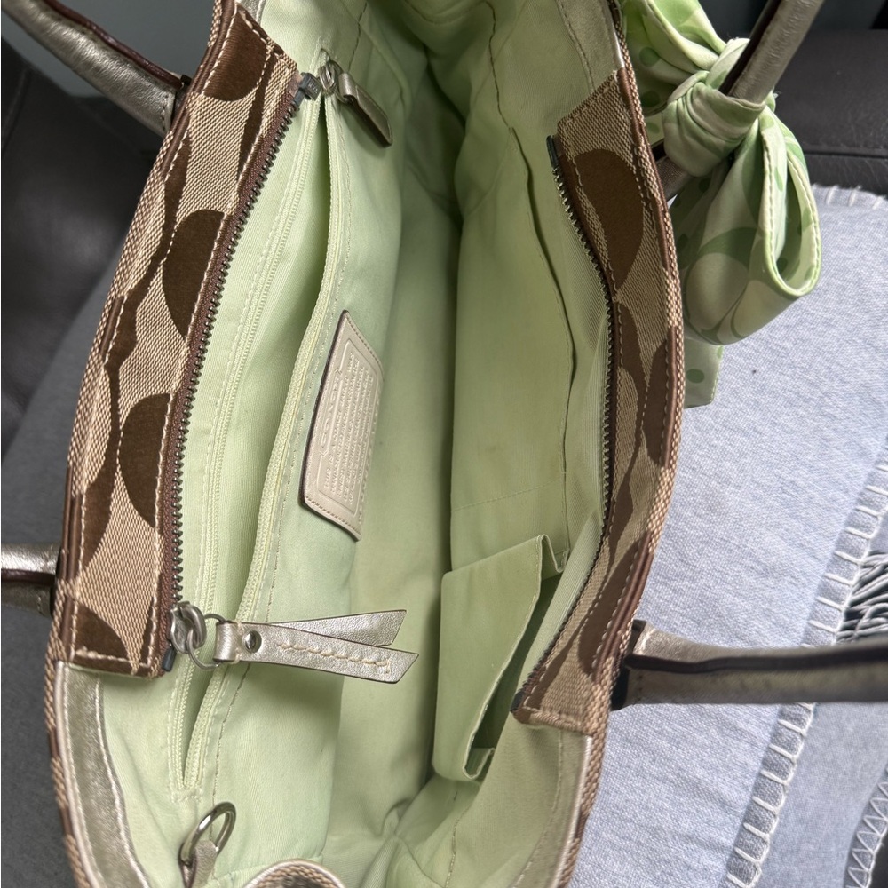 Coach Tan and Green Satchel with Bow Accent - Picture 8 of 10